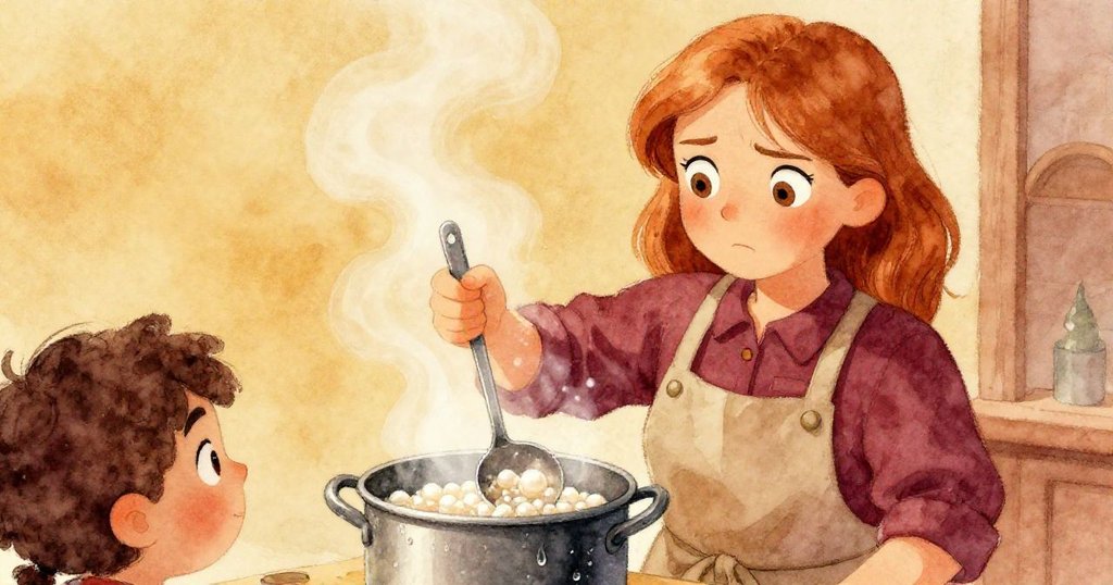 從Flora背後看見她用湯勺攪拌珍珠罐，溫暖蒸氣和凝結的水珠襯托出她專注而堅定的神情。