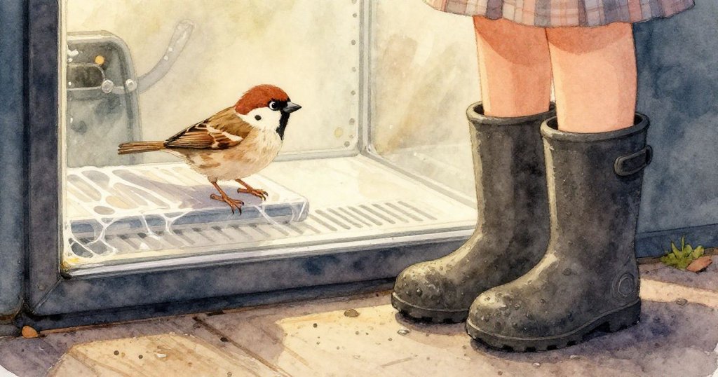 生動回憶場景於村莊市集展開，攤販、小男孩餵食麻雀，色彩溫暖展現鄉村質樸風情。