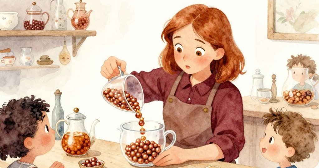 Flora在茶台前專注計數著逐漸增多的珍珠，面露緊張與期待，溫暖燈光映照出工序細節。