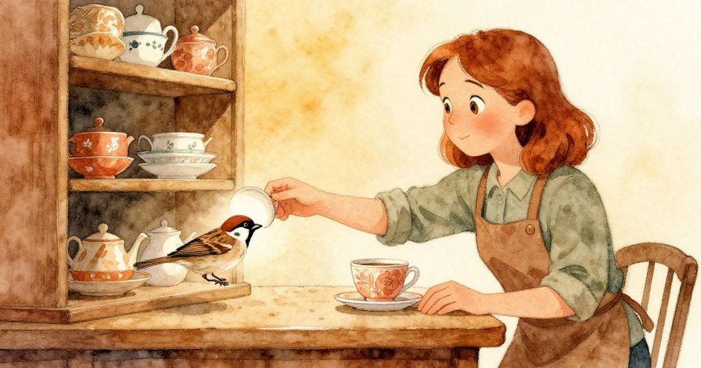 Flora滿足微笑著推動完成的茶杯，麻雀解下繩圈急速啄擊杯面，室內柔和光線見證溫馨團圓。