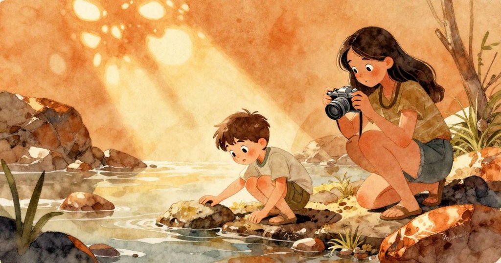 Jasper蹲在陽光灑落的岩石旁，專注觸摸潮池邊緣，Gwen調整相機，場景充滿海岸自然氣息。