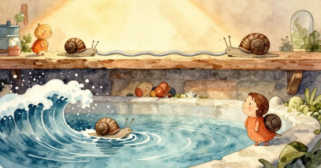 Jasper伸手觸摸岩石邊緣，發現一隻藏在藍貝殼中的小螃蟹，細節生動象徵新發現。