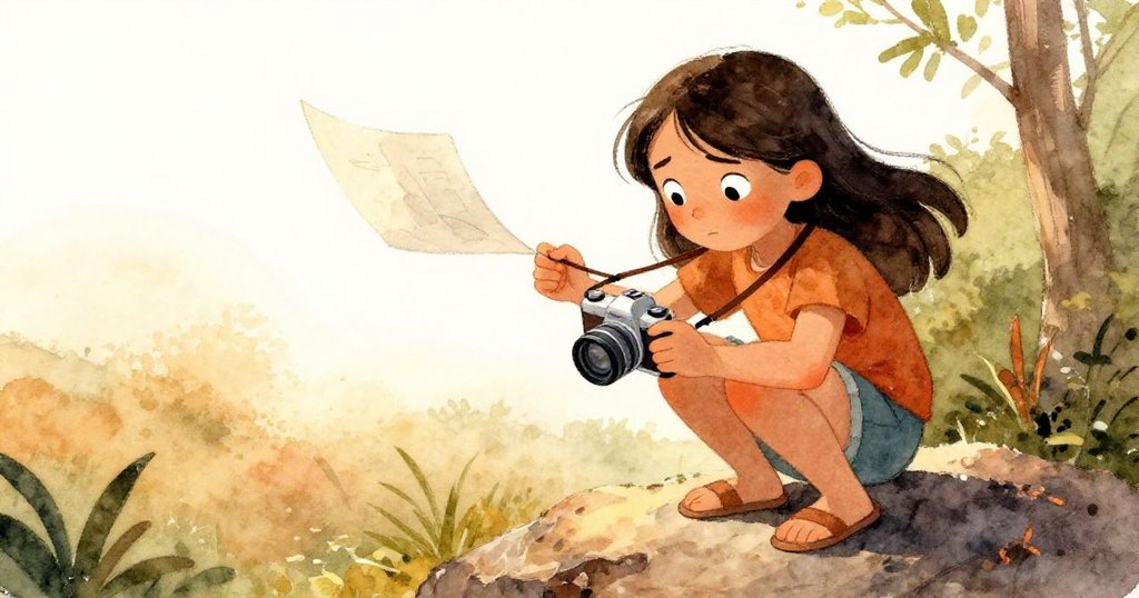 Gwen蹲於溫暖岩石上，用相機帶固定飄動筆記頁，神情集中展現記錄大自然瞬間。