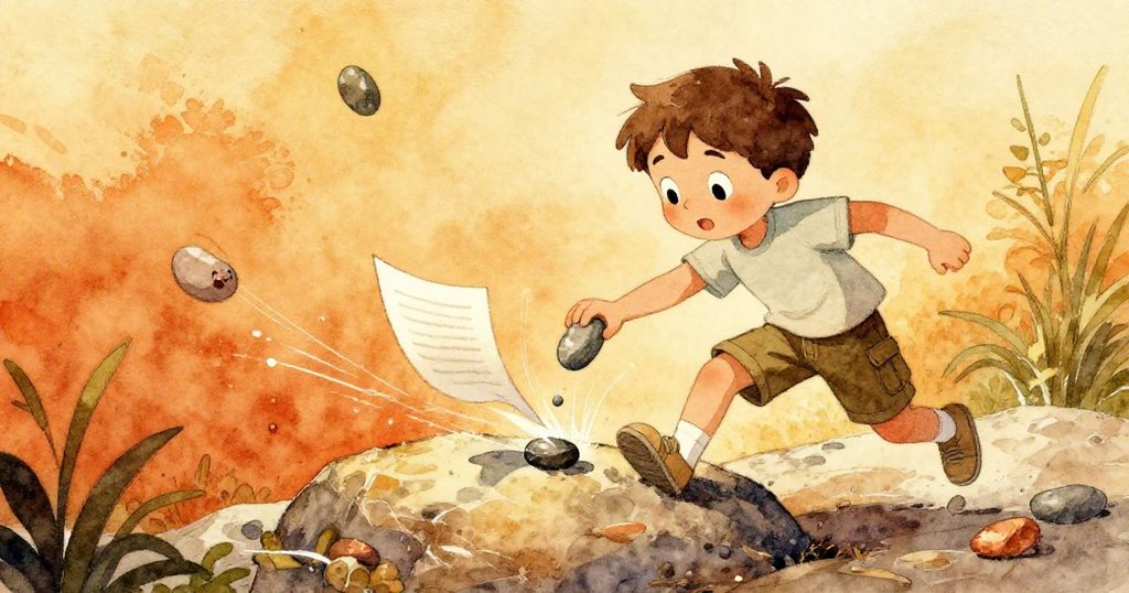 Jasper迅速用卵石固定隨風滑動的筆記頁，岩石上動感風跡與陽光交織呈現自然律動。