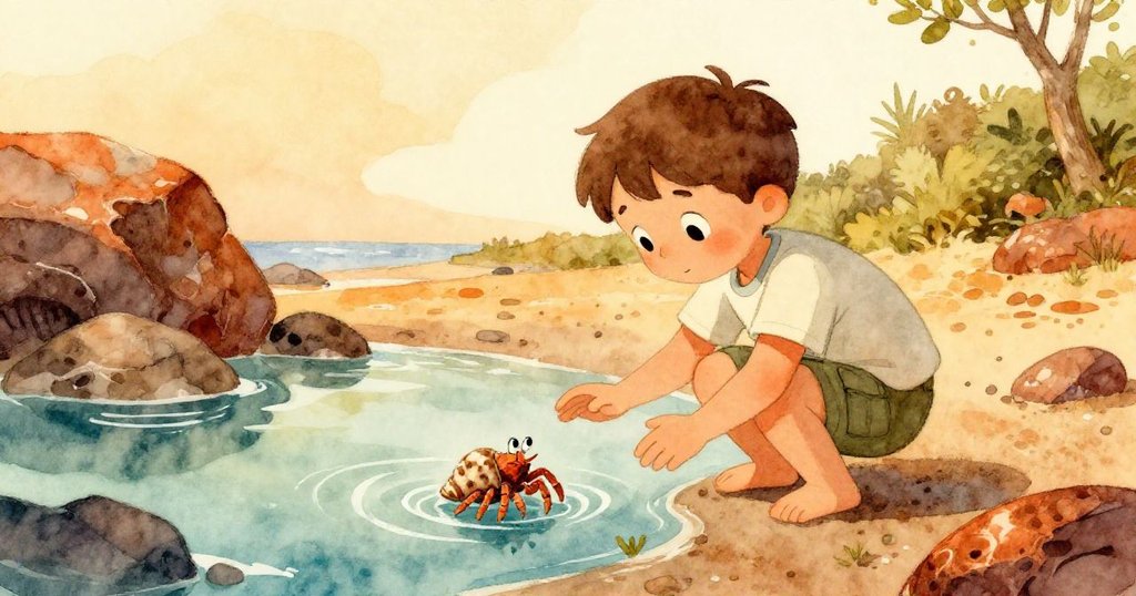 Jasper輕放螃蟹入水，廣闊潮池和岩岸展現自然之美，溫暖光影中彰顯動人結局。