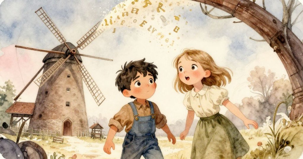 Jonas 與 Inez 注視著麵粉化作詩句，空氣中字母扭曲漂浮，場景充滿驚奇與魔幻的瞬間