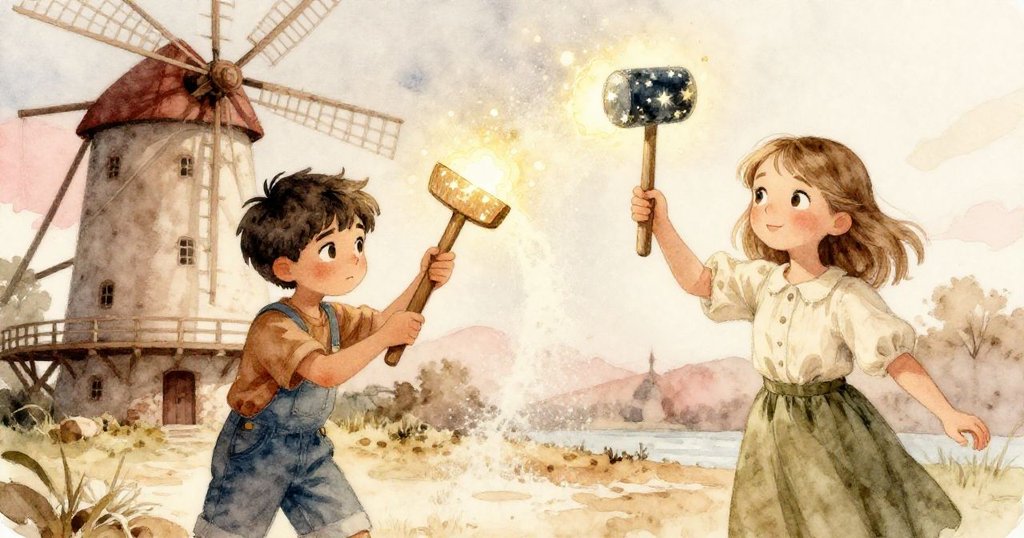 Jonas 與 Inez 合力推動麻袋，現實與幻想交織，麵粉化作光芒圖樣，展現協作與夢幻情懷