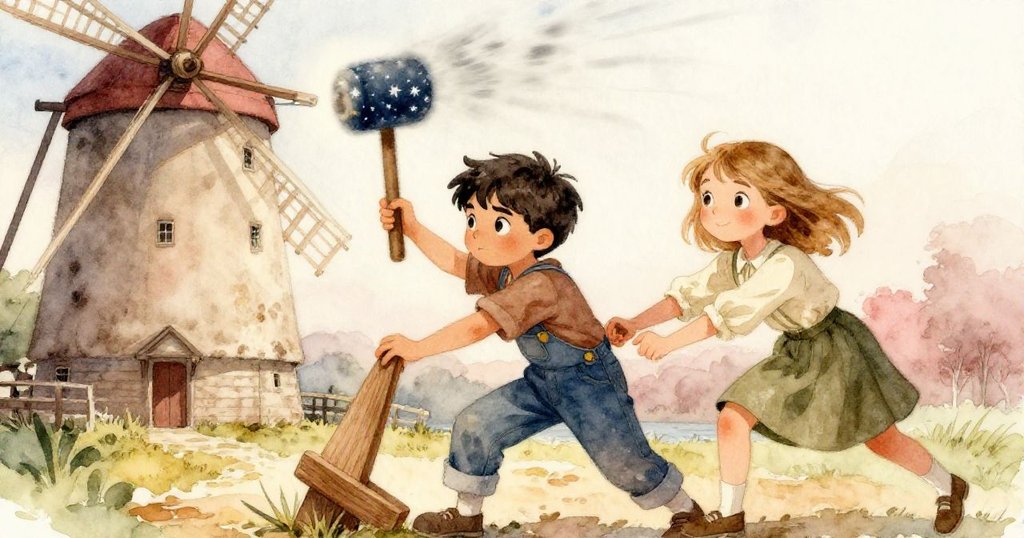 Jonas 與 Inez 在磨坊中協作動作迅速，推動工具與揮動鐵槌，動態展現力量與活力