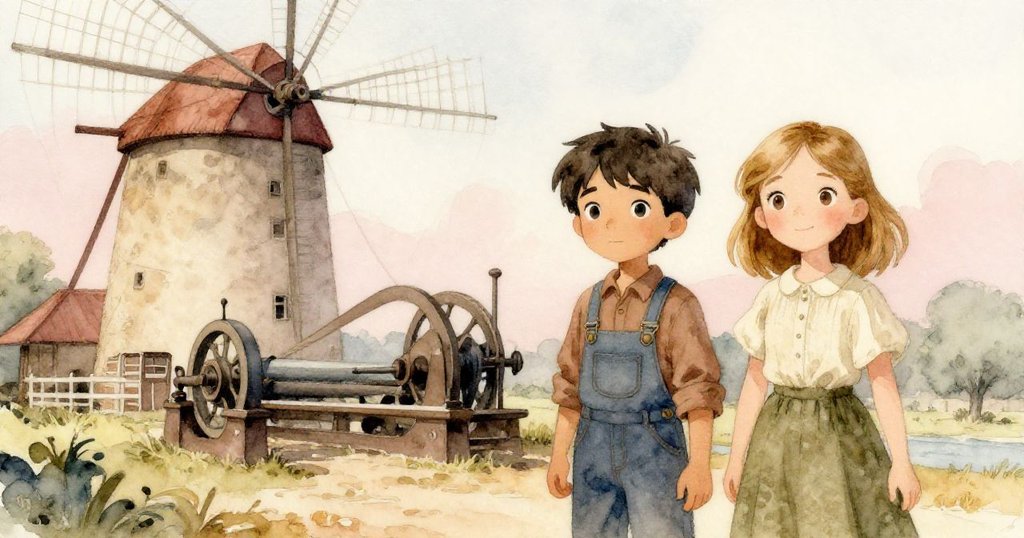 Jonas 與 Inez 站在安靜磨坊中，望向穩定運作的傳動帶，麵粉輕飄映襯出平和與成功後的反思