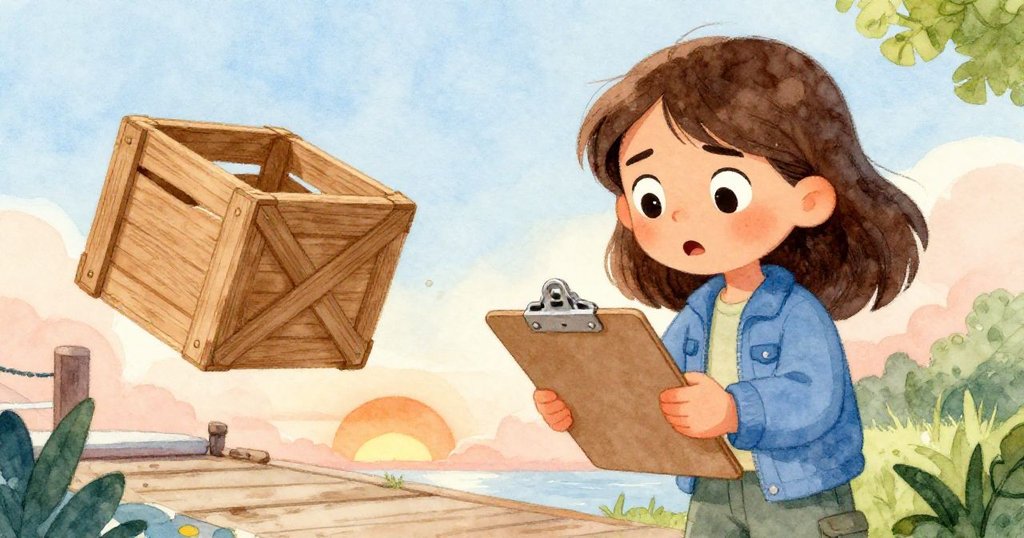 妮娜手持金屬剪貼板，臉上流露驚訝神情，發現意外木箱阻擋前行，背景隱約呈現工業碼頭。