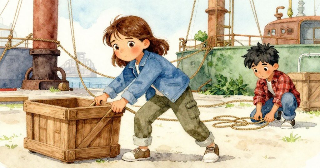 妮娜彎腰用力拉木箱，背景中哥哥喬納斯正專注理繩，場景展現工業碼頭多層次細節。