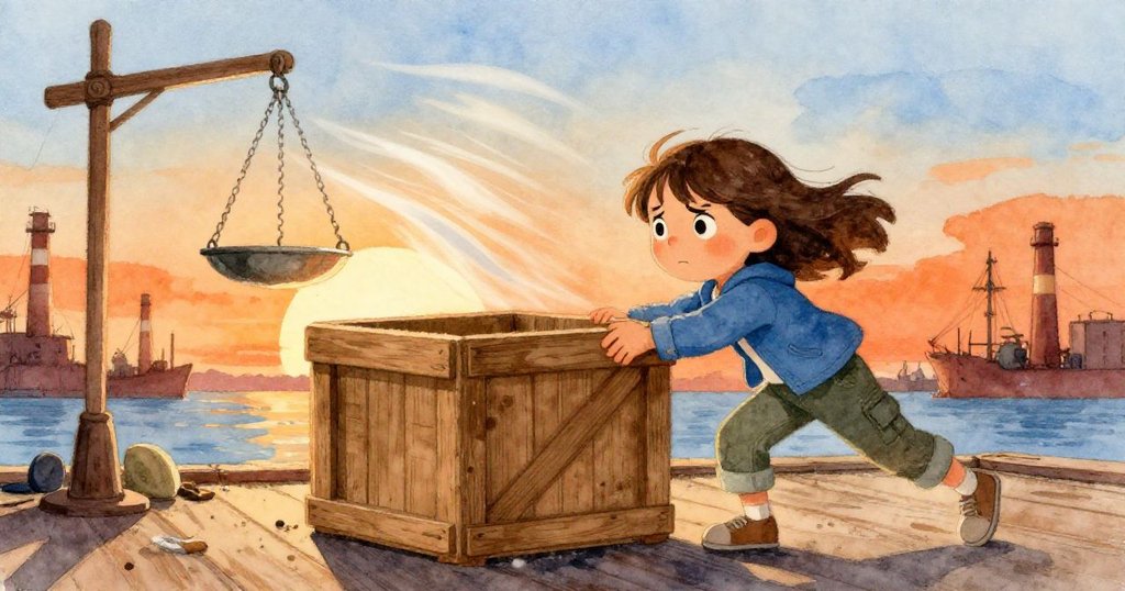 妮娜奮力推動笨重木箱，風勁搖晃掛秤發出清脆聲響，展現工業碼頭上的動感與緊張。