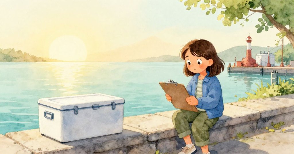 妮娜平靜地將剪貼板放於花崗岩平台旁，冰箱穩定封閉，落潮時刻展現任務圓滿結束。