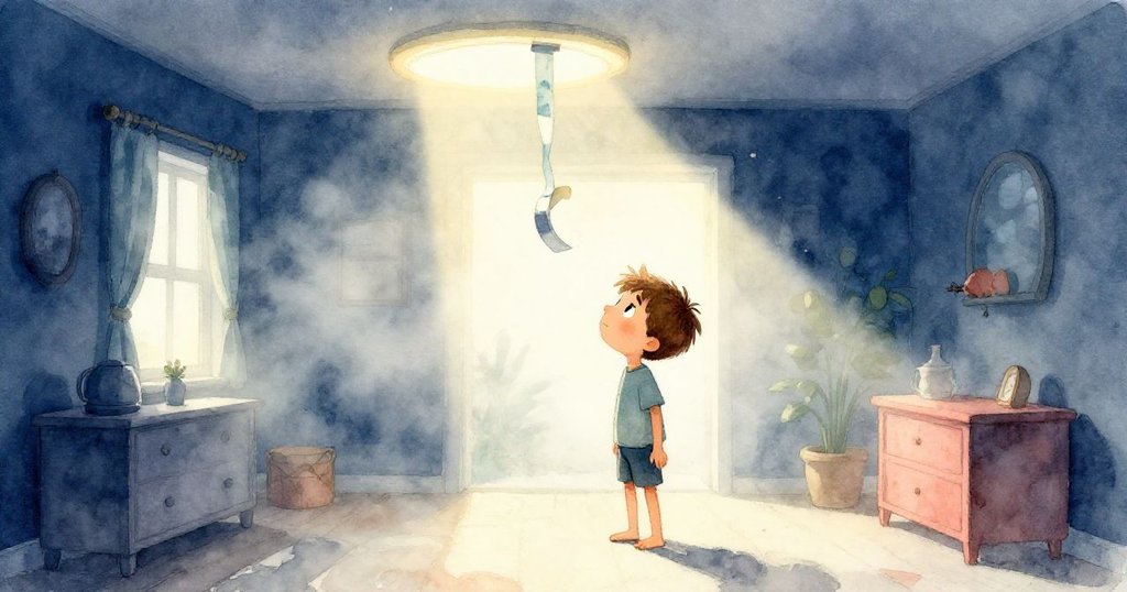 奈亞爾在柔和晨光中注視著懸掛於天花板角落的膠帶,房間內靜謐且充滿期待情緒