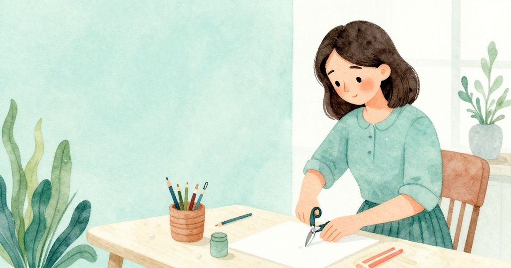 羅莎在室內泵台前專注剪裁細長繩子,背景空白簡約,展現平靜與細緻動作的情境