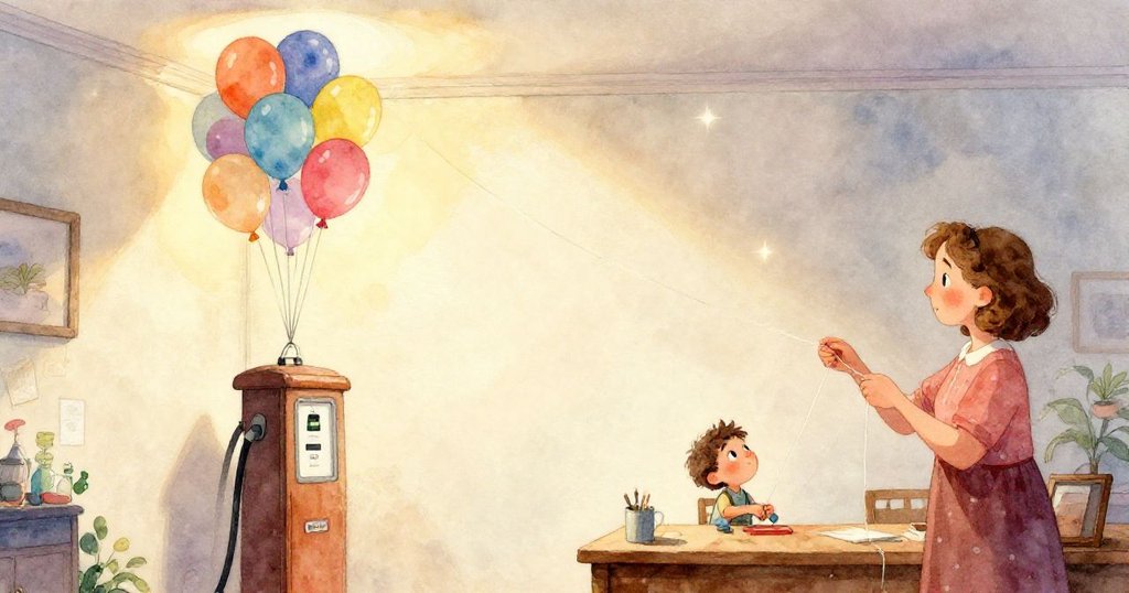 透過奈亞爾的視角,可以看到他小手輕放橘色氣球在泵嘴上,充滿期待與溫柔細節的場景