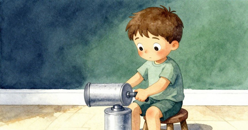 奈亞爾在低凳上專心緩慢操控泵裝置,銀色泵管上新出現的刮痕凸顯時間流逝,情緒堅定