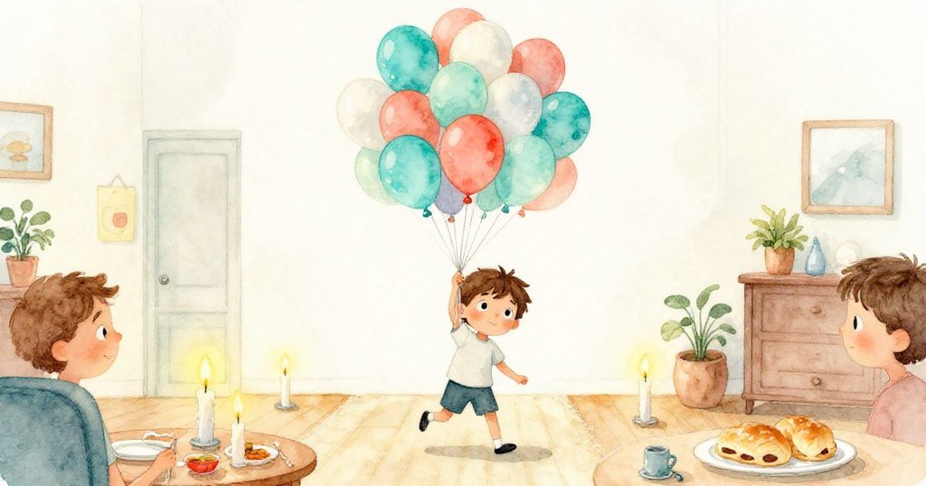 奈亞爾小心托著色彩氣球群,背景中蠟燭微光與準備好晚餐的小點,室內充滿溫馨慶祝氣氛