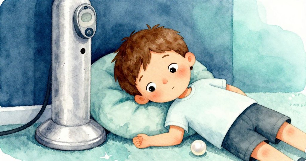 奈亞爾在一天結束時靜坐休憩,輕觸著印有細微刮痕的銀色泵裝置,臉上滿是溫暖滿足的微笑,室內氛圍寧靜