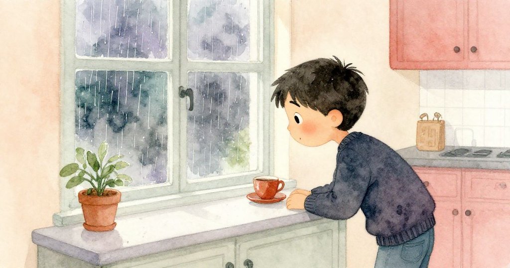 賽斯在廚房窗邊凝視外頭細雨洗刷門廊，窗外雨景與柔和燈光呈現家庭溫馨氛圍，神情專注。