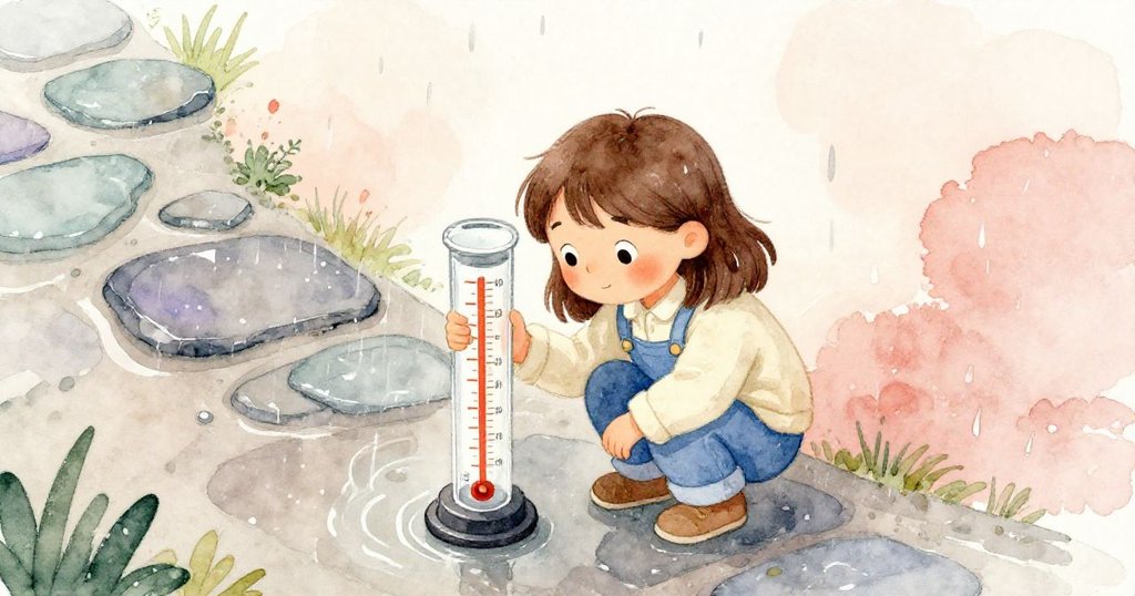 美從高視角下蹲於濕滑石路邊仔細觀測雨量計，手握鉛筆記錄數據，表情專注且小心謹慎。