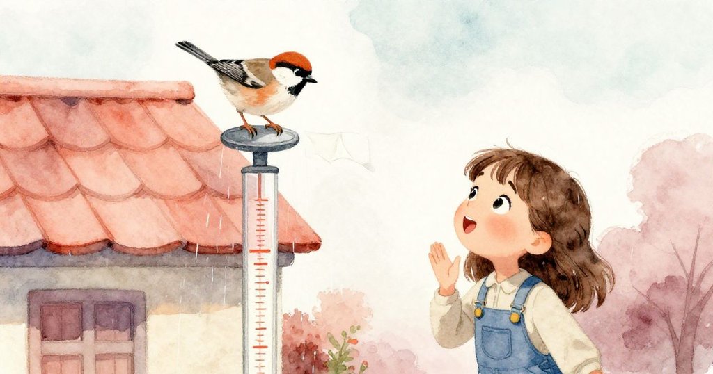 美驚喜注視小麻雀停於雨量計邊緣輕觸紙屋頂，自然互動帶出溫暖輕鬆家庭情境。