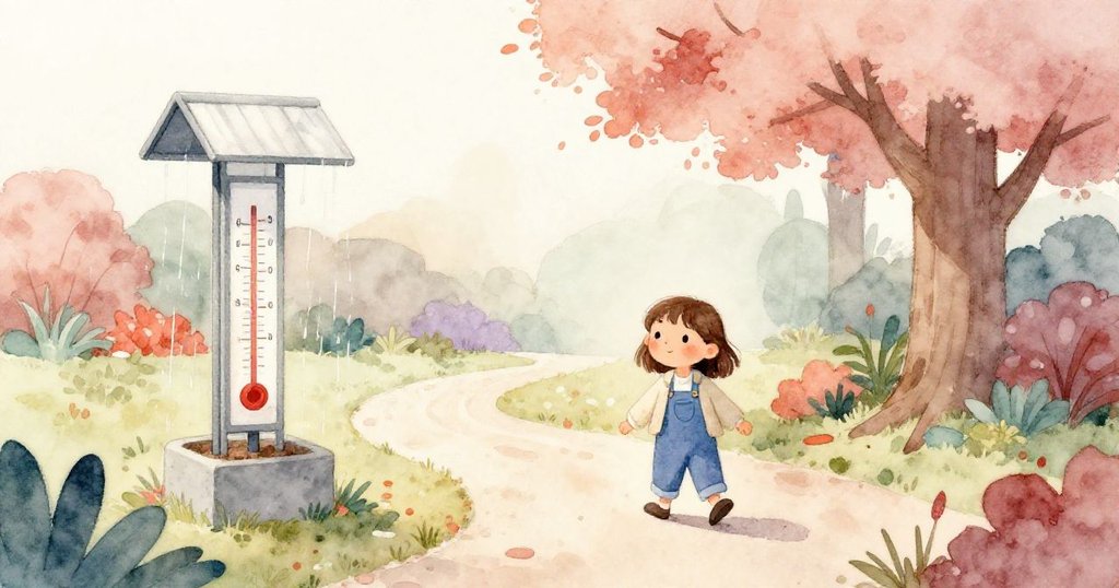 美在雨後寧靜花園中漫步，沿途有雨量計、混凝土花盆及高大樹木，柔光映出家庭般溫馨與自然和諧。