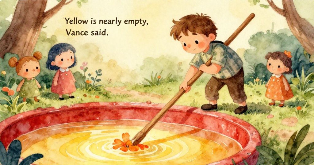 Vance的手持木棒緩緩浸入近空的黃色油漆池，特寫呈現材質細節與色彩交融瞬間，充滿專注與期待。