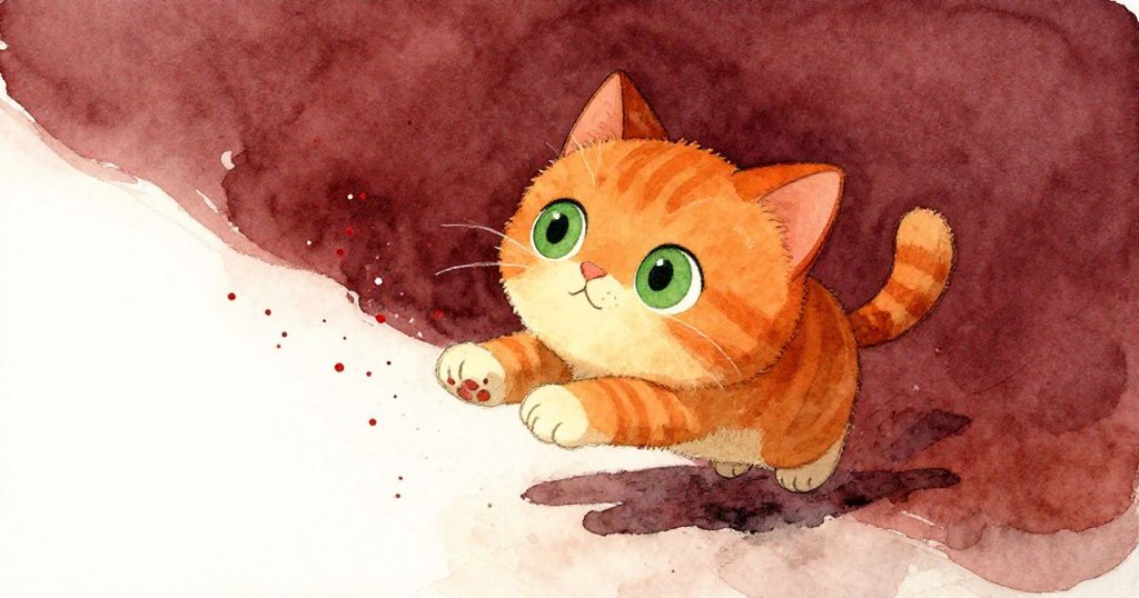 貓咪因紅色點狀漆觸及鬚毛而驚跳，傾斜角度呈現動感場景，背景報紙上印有鮮豔紅斑，活潑逗趣。