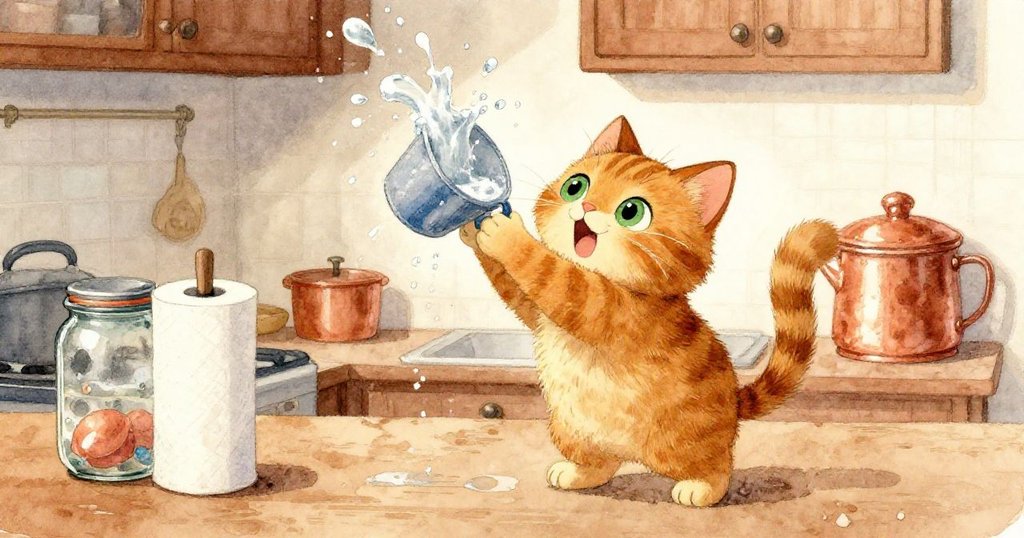 廚房台面上，貓尾輕觸沖杯引發水花迸濺，玻璃瓶上凝結水珠，場景活潑又溫暖，又見生活細節。