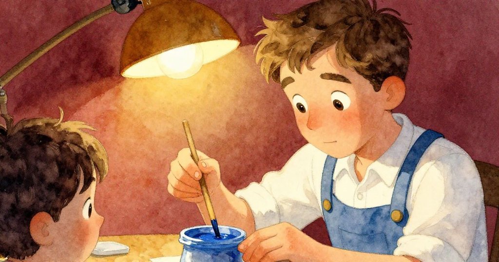 Vance表情專注，手持木棒在藍色油漆中輕輕劃動，溫暖燈光映襯下展現出內心深思與藝術追求。