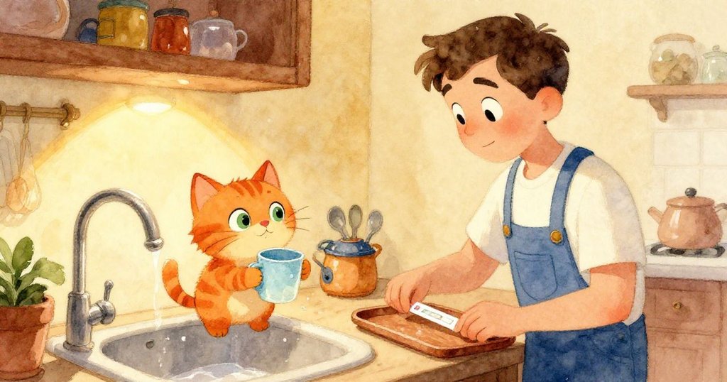 在溫暖廚房中，貓咪輕推沖杯，Vance安放測試紙，燈光柔和映出彼此默契與完成實驗後的滿足感。