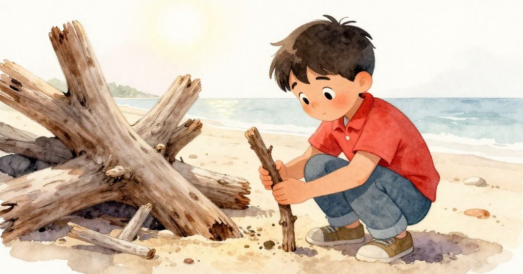 索倫蹲在海邊漂流木旁，正細心挑選一根古舊的木枝，臉上流露出專注與尊重傳統的情感