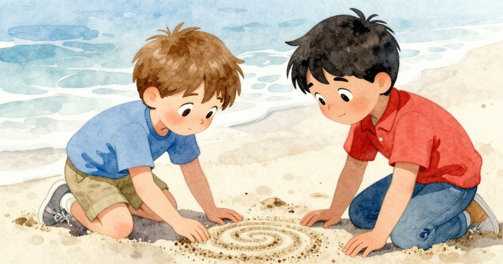 德雷克與索倫通過水幕凝視沙中的螺旋紋理，準備刻寫‘wonder’，臉上表情專注、決心滿滿