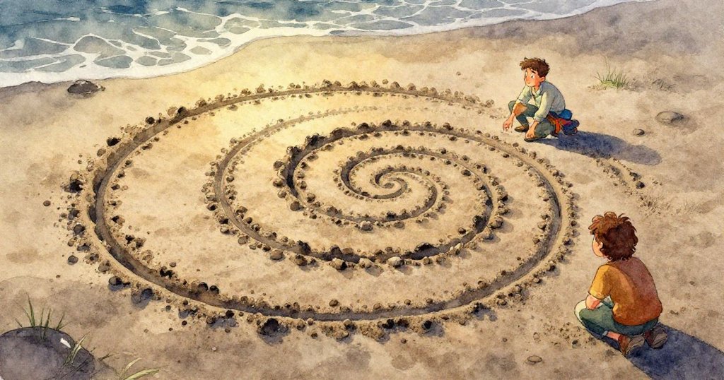 水下視角展現海浪輕拂沙灘，字跡與漂流木在清澈水中半隱現，氛圍夢幻而寧靜