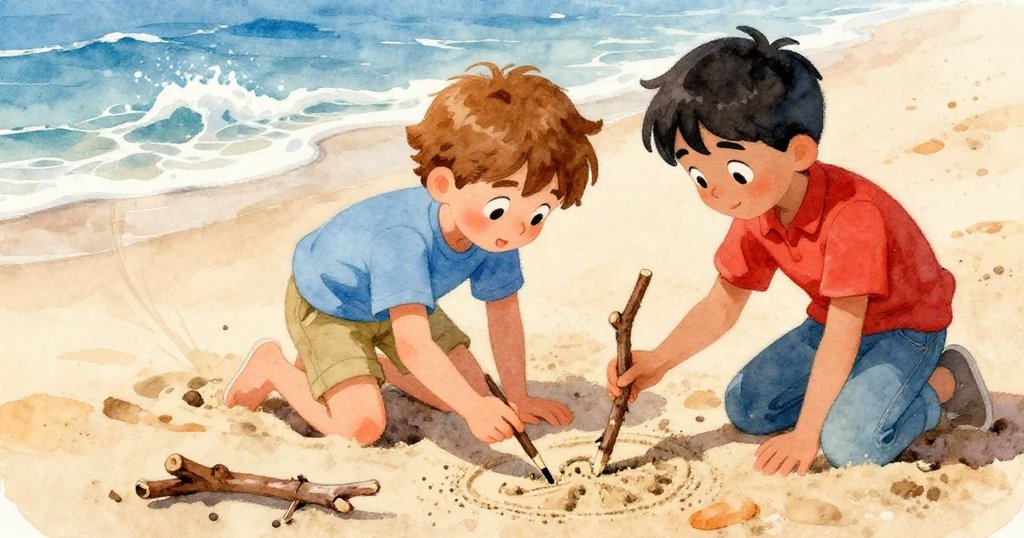 德雷克迅速用斷裂的木枝作筆畫最後一筆，索倫穩固地托著木片，兩人神情緊張而專注，海浪急進