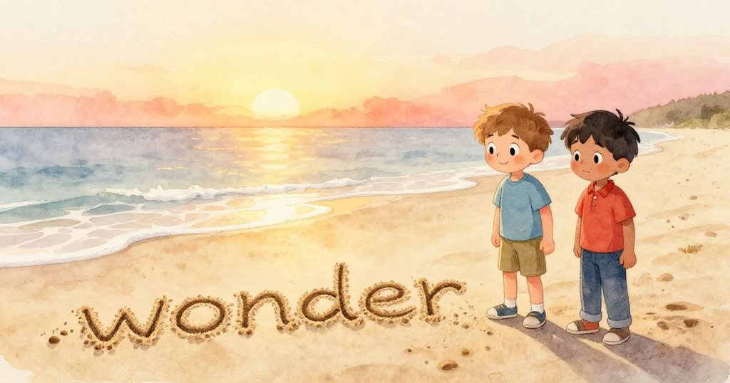 德雷克與索倫在夕陽餘暉中欣賞沙上的‘wonder’，海浪輕覆字跡，兩人臉上洋溢著靜謐喜悅與完成感
