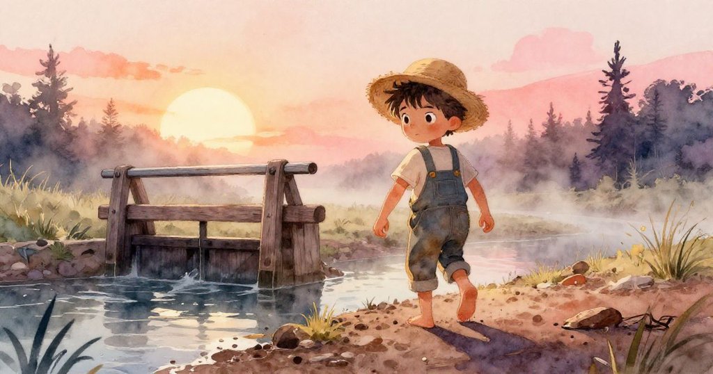 芬恩在濕潤泥灘邊輕步前行，晨霧籠罩下，木製水閘與泥濘環境交織，表情堅定，展現過程開始