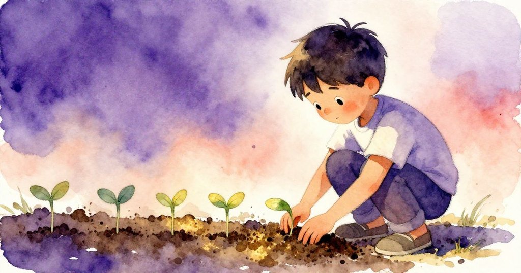 奧托蹲在細苗旁，輕撫泥土，周圍空間寬闊，柔和光線下，充滿專注與溫暖關懷，敘事持續發展