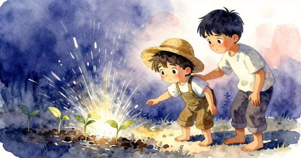 兄弟倆面露焦慮，注視洶湧流水推動細苗搖晃，背景水勢強勁，情緒交織緊張與決心，故事邁向轉捩點