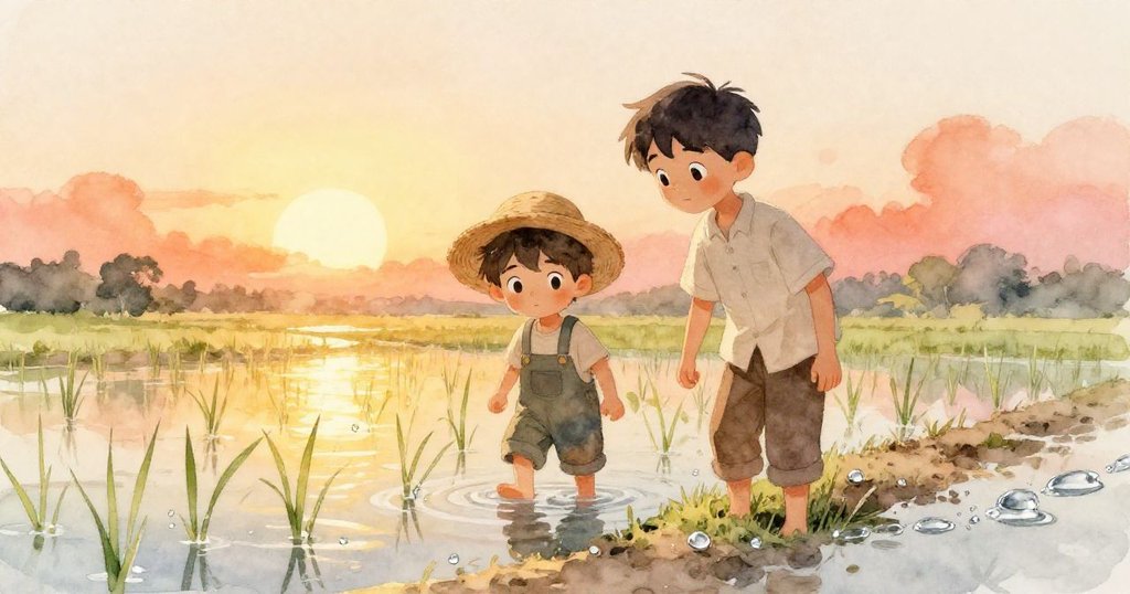 兄弟二人凝視穩定的稻田，水面銀色水滴連綿，溫暖光線中奠定解決與平靜，結局充滿溫馨與達成