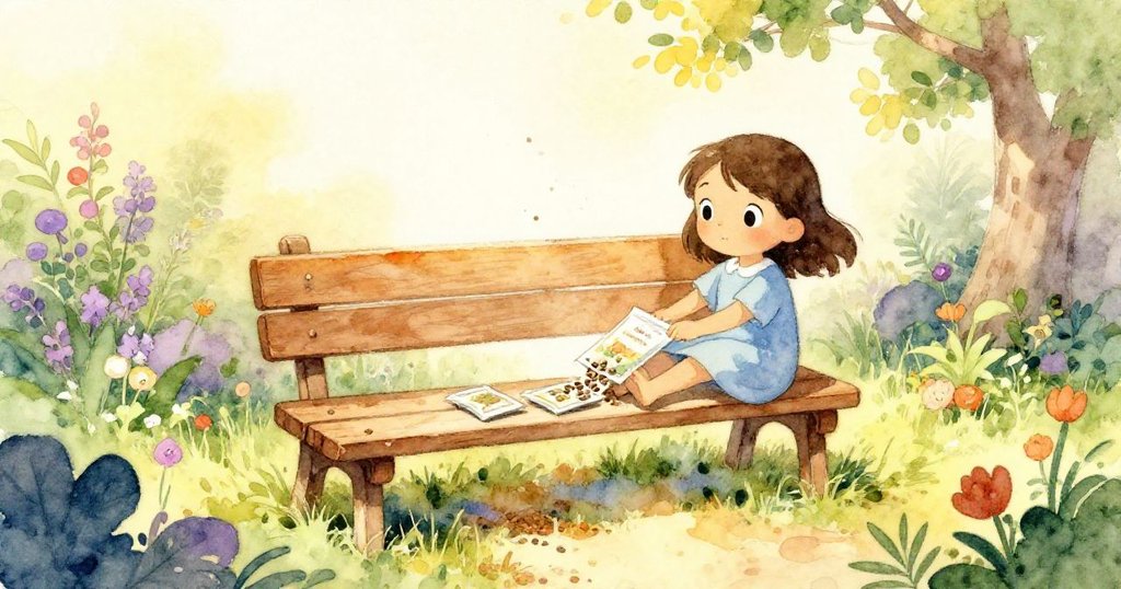 Pia站在陽光庭園的木製工作台旁滑動種子包裝,環境溫暖充滿金色陽光與漂浮塵埃,呈現剪影效果。