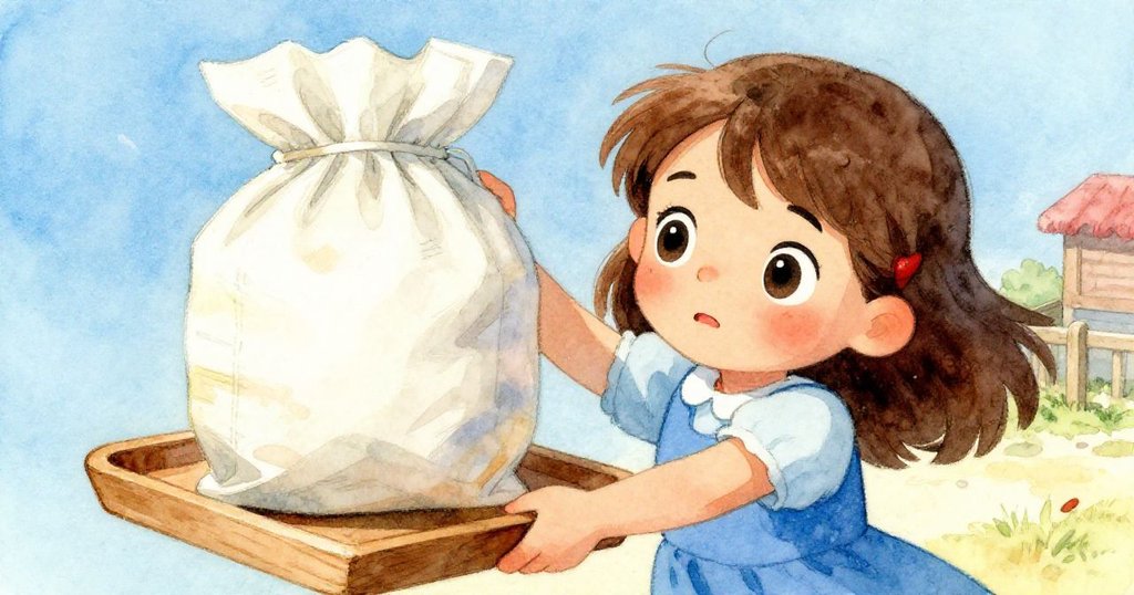 Pia專注努力舉起沉重的膨脹種子包裝,臉上流露出驚訝與認真,近距離展現木製托盤與紙張細節。