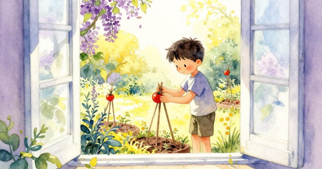 Owen在開放門框中忙著綁緊番茄支架,從門內望向陽光花園,展現戶外溫暖氛圍與細膩活動。