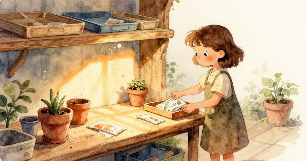 在微濕的空氣中,木桌上漂浮的塵埃、褪色信封和散落種子呈現出柔和陽光下的細膩環境。