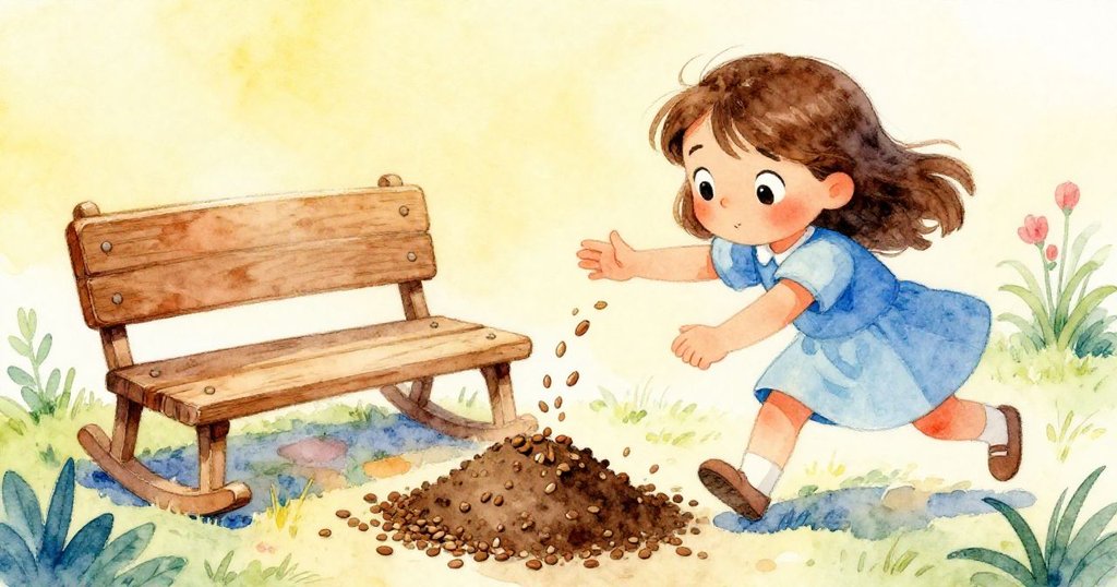 Pia彎腰搖動木桌,利用重力讓羅勒種子整齊聚集,動態場景展示她專注解決問題的決心。