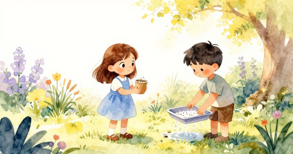 Pia和Owen在花園中共慶功,Pia用紙杯盛種子,Owen清洗托盤,和煦的金色陽光映襯環境持續展現。