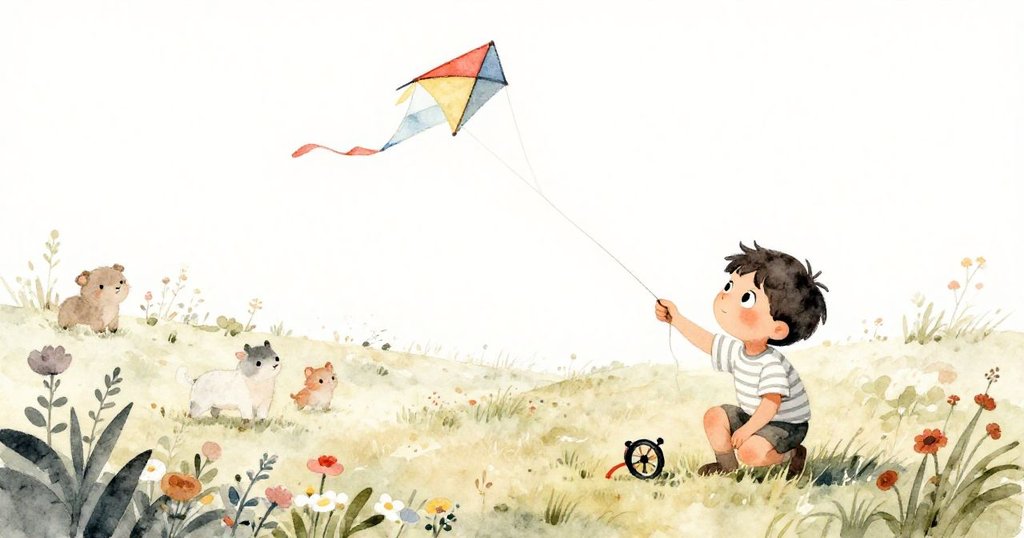 馬可蹲在草地上操作卷線器，周圍有小動物圍觀，風箏在明媚藍天下高飛，充滿童趣與自然氣息。