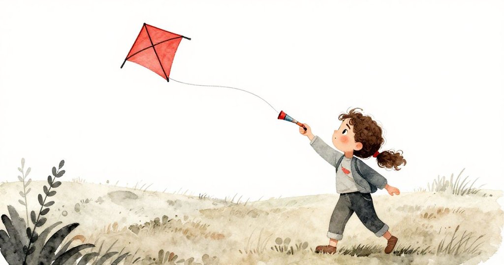 溫娜站在空曠草地上放飛紅菱形風箏，專注操作風箏線，背景留有大片空白，顯得既孤獨又充滿期待。