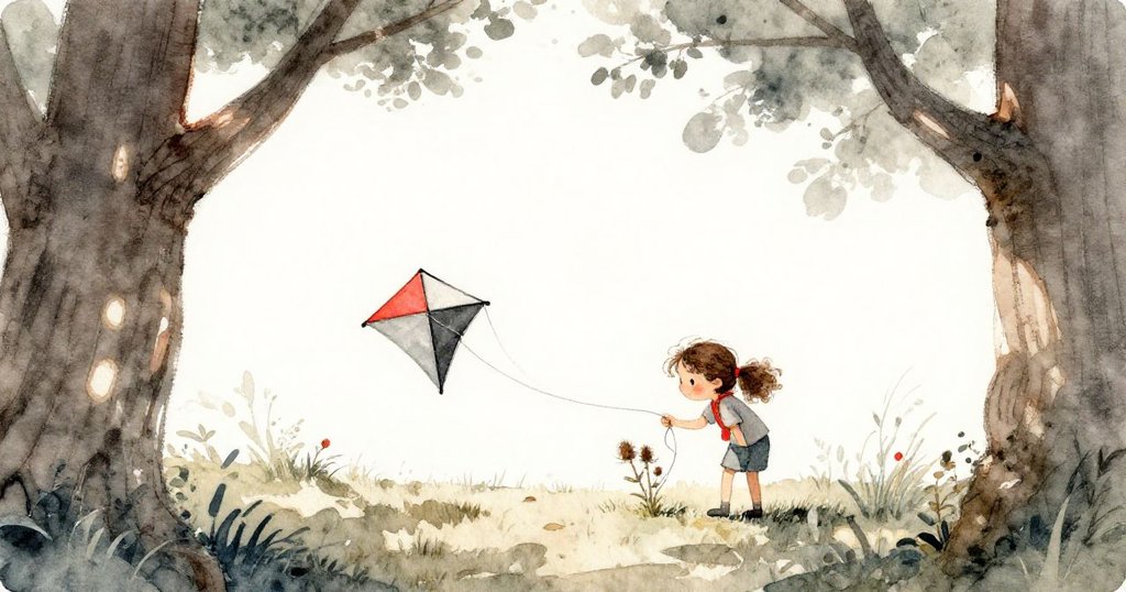 從樹縫中看到溫娜彎腰解開纏繞在薊上的風箏線，樹影斑駁，光線柔和，她神情專注且有些緊張。